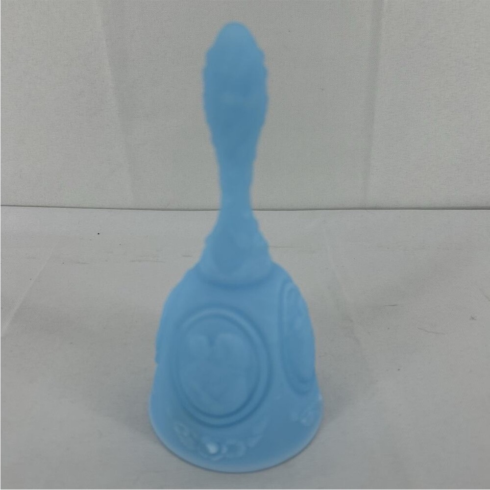 Vintage Mother and Child Fenton Blue satin custard Decorative Dinner Bell 6.5”